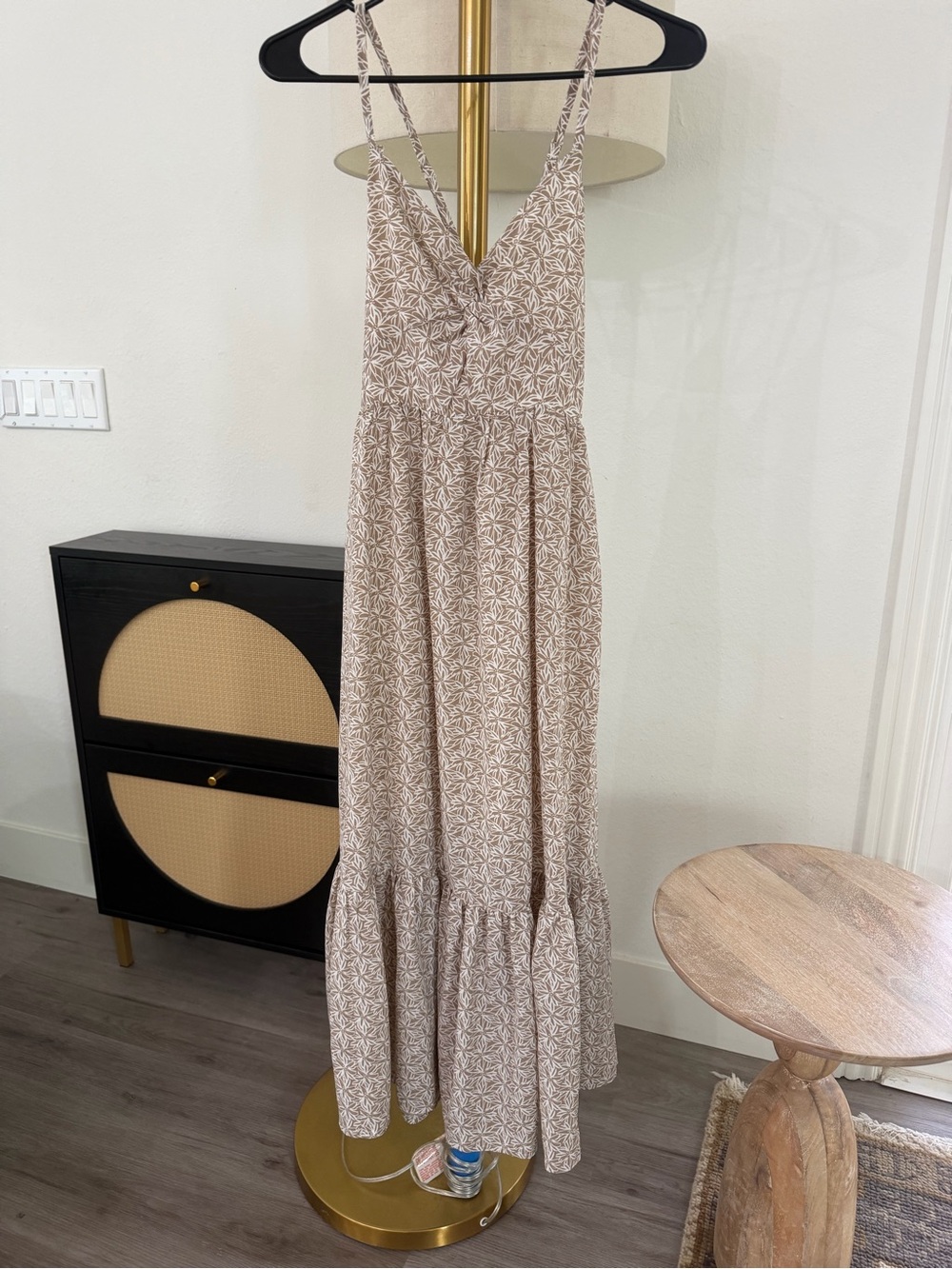 Neutral Beige Floral Maxi Sundress with V-Neck
